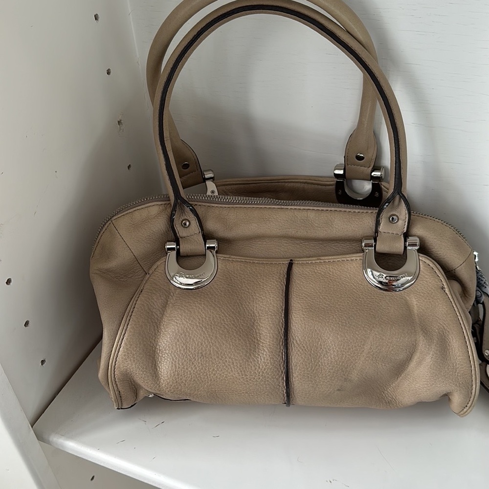 B Makowsky Beige Leather Satchel w/ Crossbody Strap.